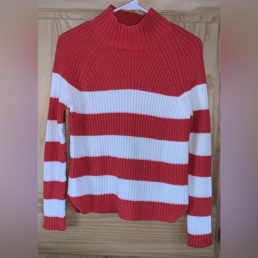 Andrea Jovine Sweater Coral and White Striped Turtleneck 100% Cotton Hand Wash